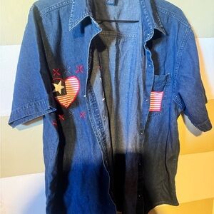 Impressions Dark Blue Denim Button-Down Shirt with Patriotic Heart Patches